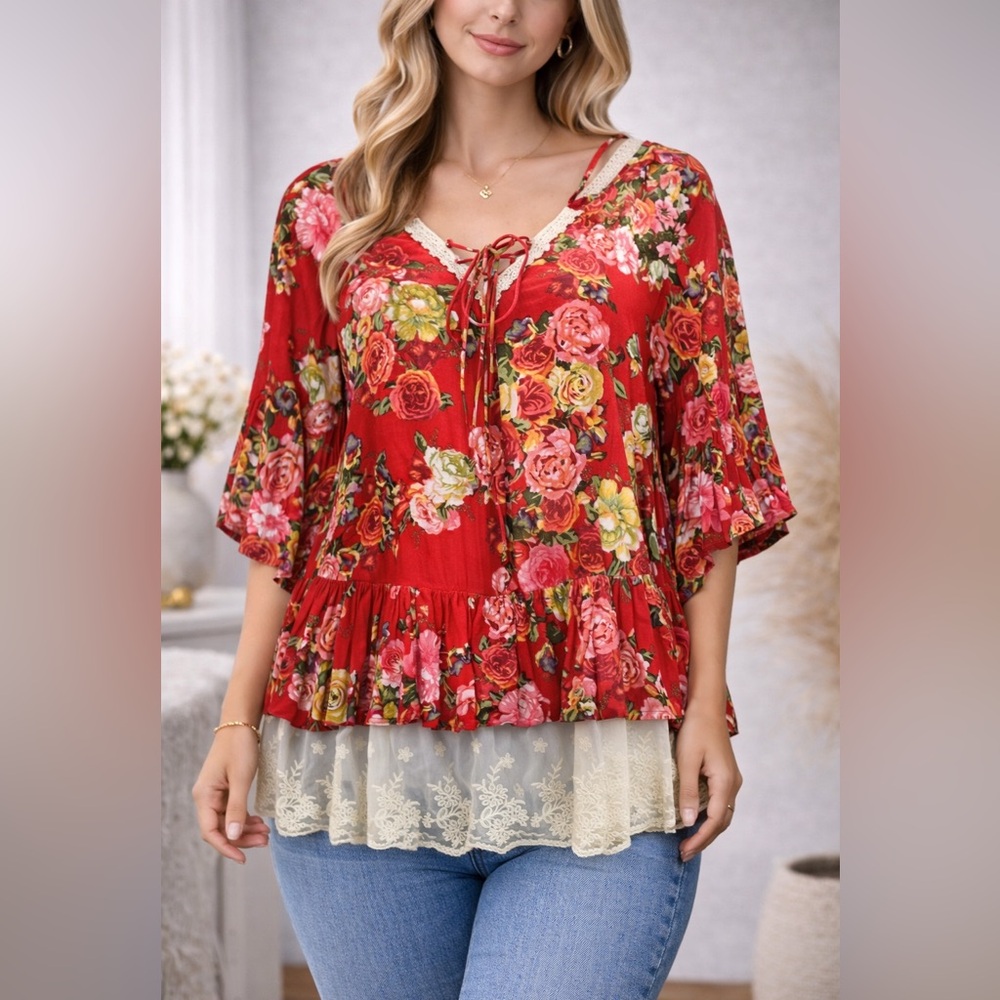 Umgee Floral Boho Top Size Large Blouse Cottagecore Lace Hem Flowy Women’s Top - Picture 2 of 16